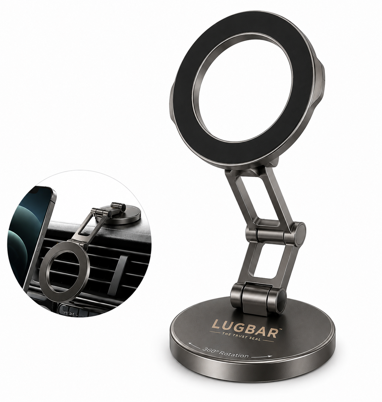 LUGBAR MagSafe Compatible Car Phone Mount for Dashboard & Tesla Screen, All-Metal Magnetic Phone Holder, 3-Axis Adjustable Arm, 360° Rotation, Strong Magnet, Fits iPhone 17/16/15/14 Pro Max