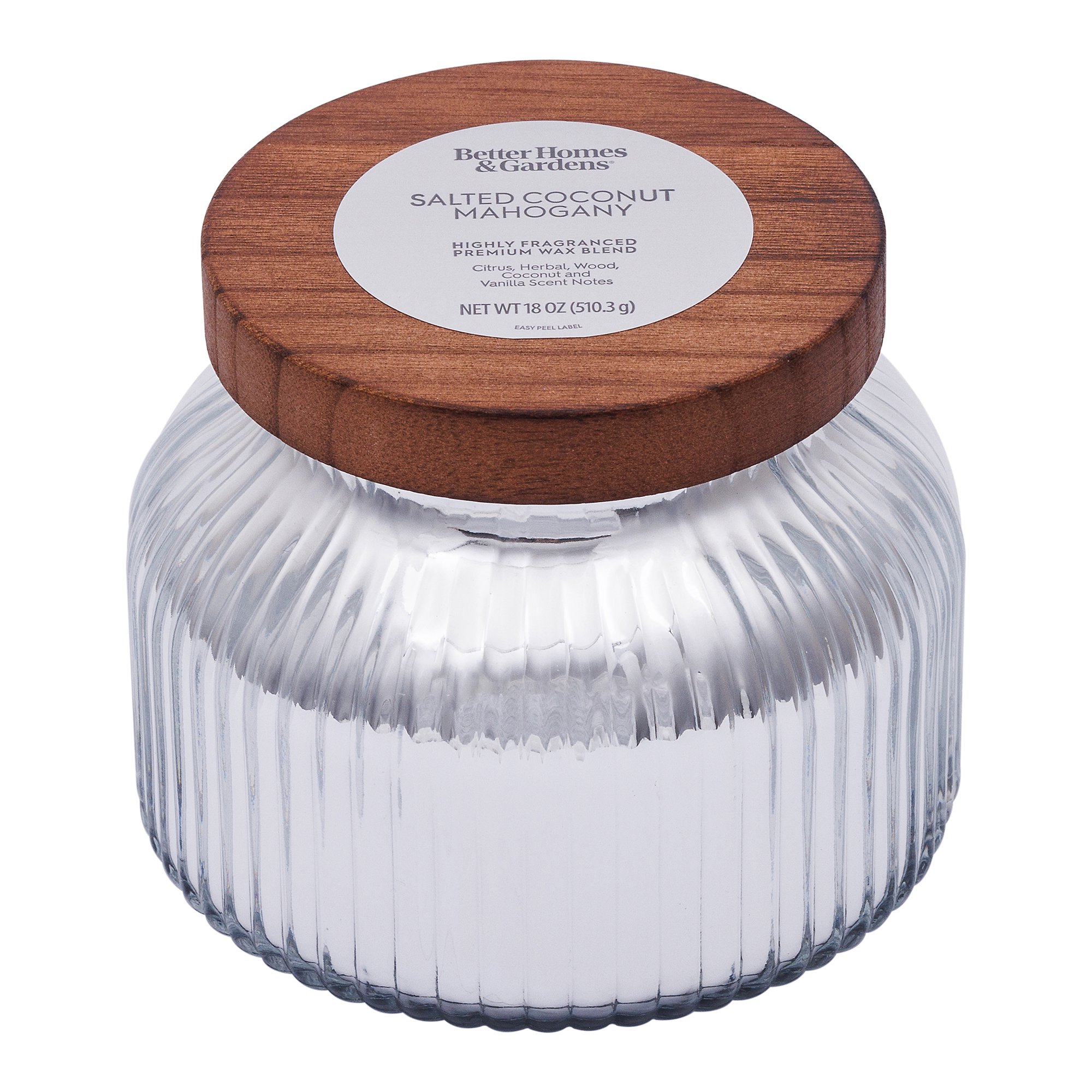 Better Homes & Gardens Salted Coconut Mahogany 2-Wick Scented Jar Candle, Ribbed Mercury Glass with Wooden Lid, 18 oz