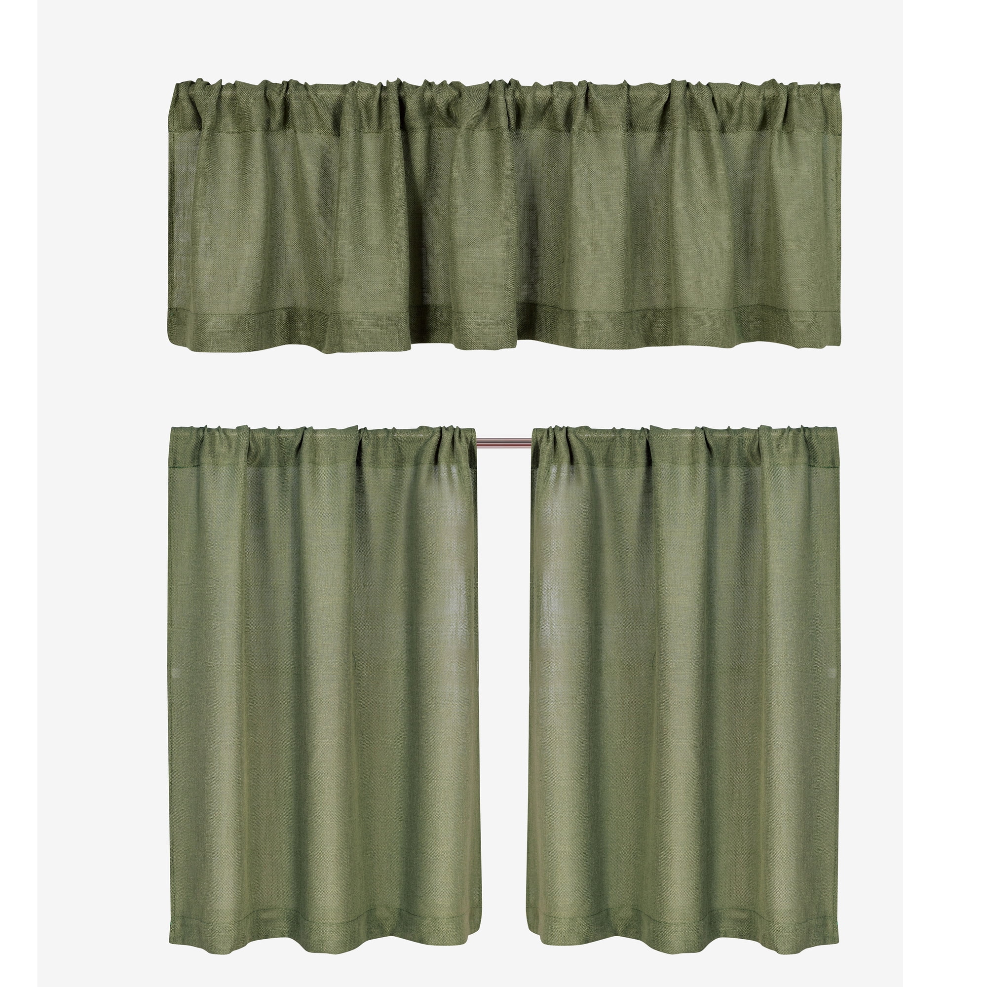 Better Homes & Gardens Linen Blend Light Filtering Rod Pocket Kitchen Curtain Tier and Valance Set, 3-Piece, Dark Cilantro, 60 in x 36 in