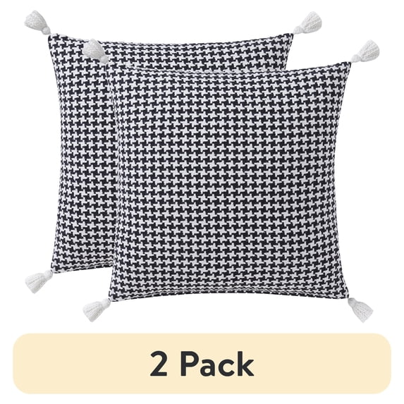 (2 pack) Beautiful Tonal Houndstooth Cotton Decorative Pillow with Tassels by Drew Barrymore, 22" x 22", Black